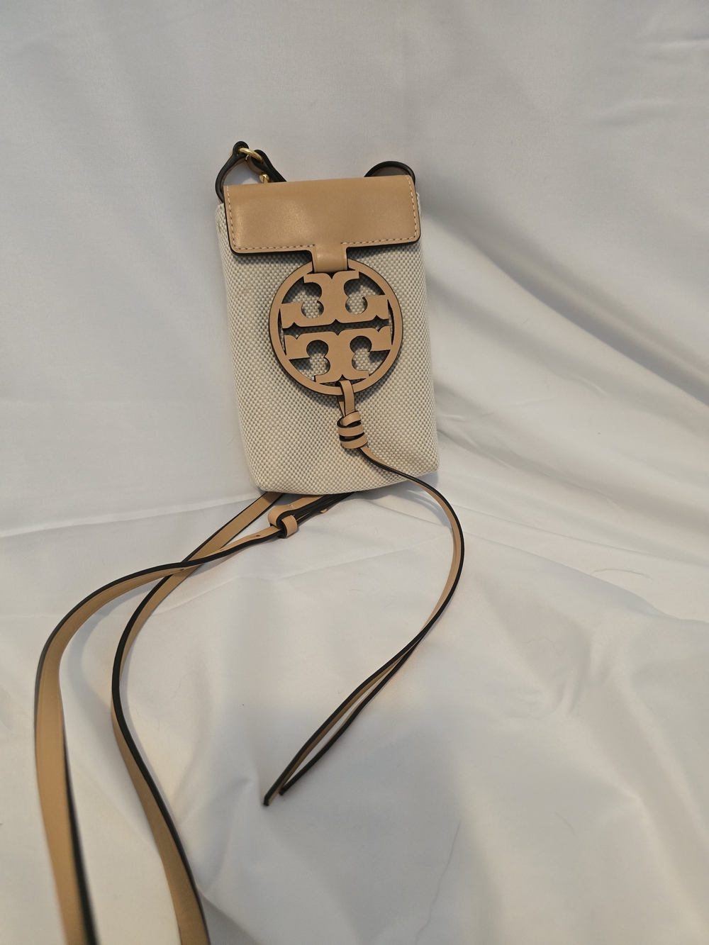 Tory Burch Cream Canvas Crossbody with Tan Leather Trim and Logo
